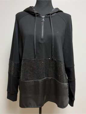 DKNY Black Sequined & Satin Mixed Media Quarter Zip Hoodie - Size L
